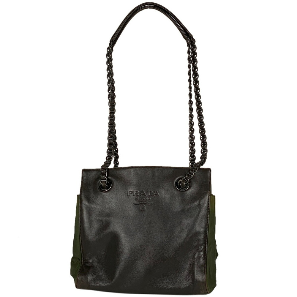 Prada Logo Shoulder Bag Chain Khaki Green Brown